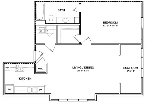 Floor plan for 1 bed, 1 bath, 850 sqft
